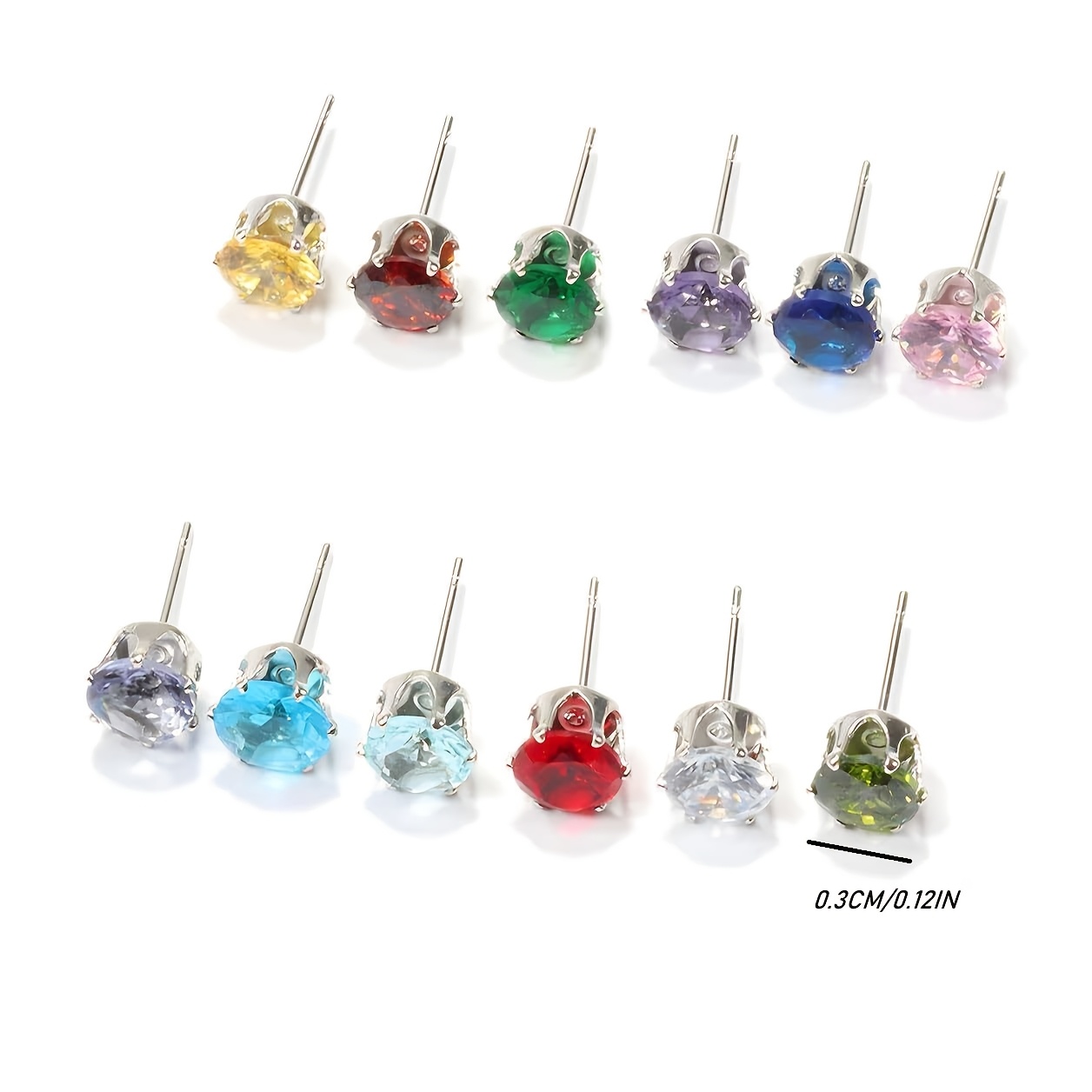 8pcs 6-Prong 3mm Colored Stud Earrings, Random Colors